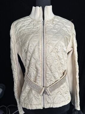 Vintage ALLEN b. Quilted knit sweater with rhinestone belt.